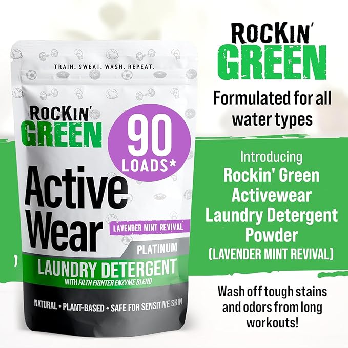 Rockin' Green Laundry Detergent, Plant based, All Natural Laundry Detergent Powder, Vegan and Biodegradable Odor Fighter, Safe for Sensitive Skin (Active Wear 90 Loads - Lavender Mint)