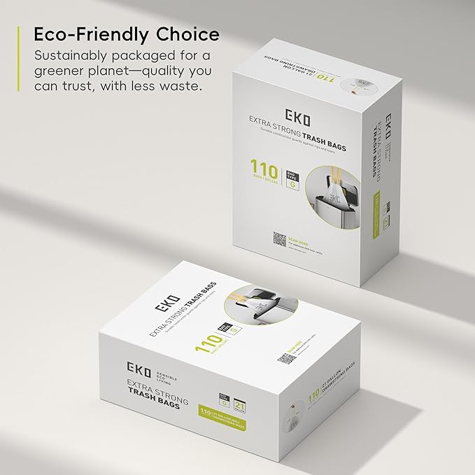 EKO 21 Gallon / 50-90 Liter,110 CountDrawstring Trash Bags, Extra-Strong Unscented Garbage Bags, Easy-Dispense Roll for Kitchen & Household Use, Resists Tears, Leaks and Punctures, Code G, White