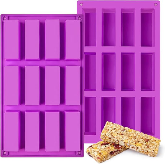 12-Cavity Silicone Granola Bar Molds, 2 Pcs Candy Bar Molds Rectangle Protein Bar Mold for Baking Chocolate Bar, Cereal Bar, Cheesecake, Brownies