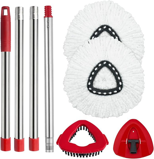 Spin Mop Head Replacement, Base, Mop Handle Compatible for O-Cedar EasyWring - Include 2 Microfiber Refills, 4-Section 30-59in Handle, 1 Cover and 1 Scrubber (1-Tank System)