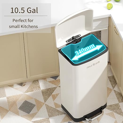 MRBIN Metal Kitchen Trash Can, Commercial Step Office Garbage Bin with Soft Close Lid, 40L / 10.5gal Stainless Steel Foot Pedal Tall Rectangle Waste Basket for Rv, Bathroom Accessories, White