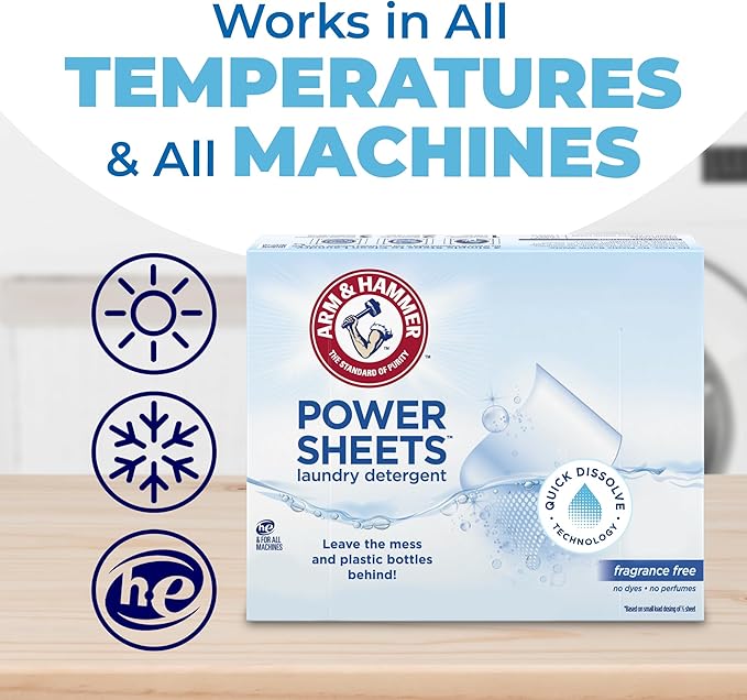 ARM & HAMMER Power Sheets Laundry Detergent, Fragrance Free, Dermatologist Tested Concentrated Laundry Detergent Sheets, 50 Count, up to 100 Small Loads