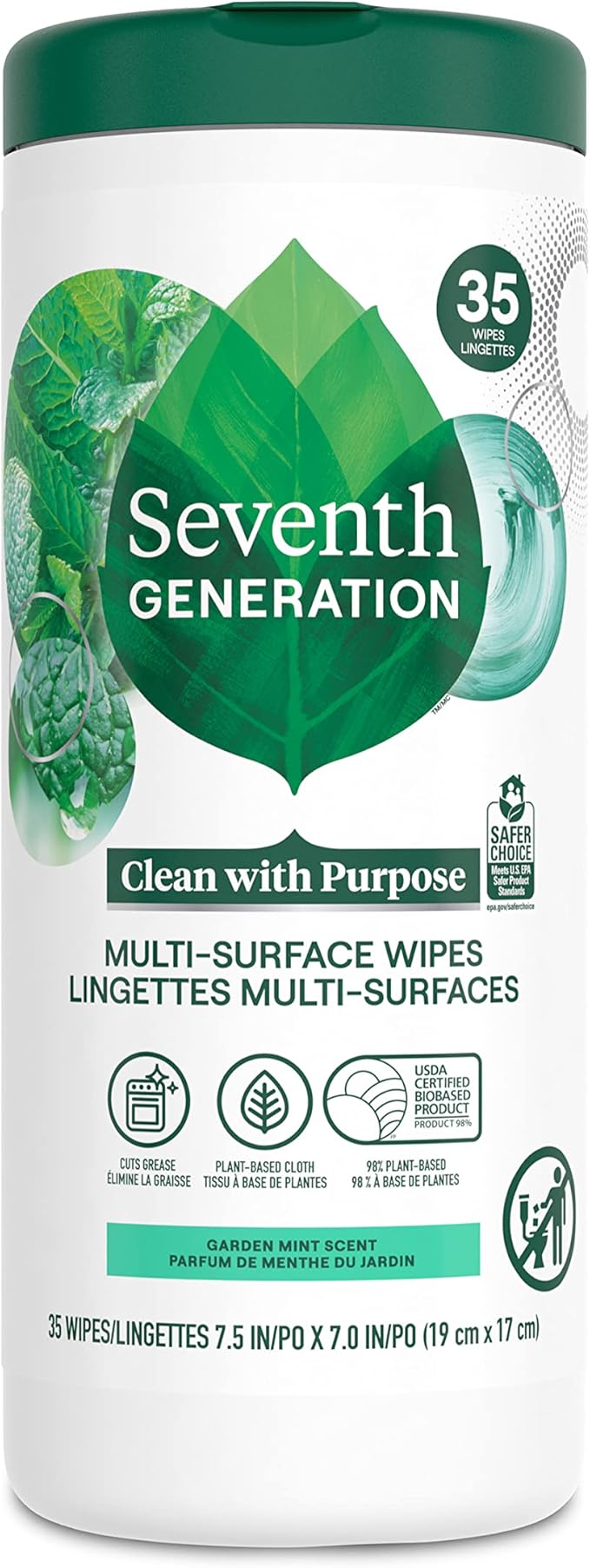 Seventh Generation Multi-Surface Cleaning Wipes, Garden Mint Scent, Cuts Grease & Grime, 35 Wipes