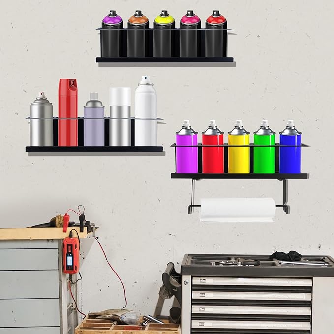 RealPlus Aerosol Spray Can Holder with Paper Towel Holder, 5 Cans Wall-Mounted Heavy-Duty Steel Spray Bottle Holder Rack Organizer for Garage and Workspace, Pack of 3