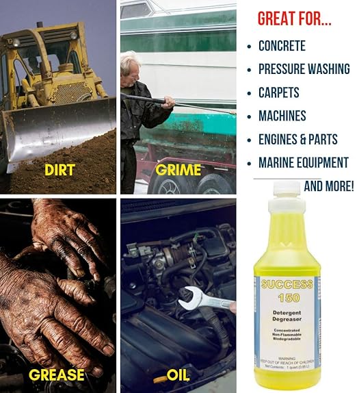 Success 150 Detergent Degreaser Concentrate | Industrial-Strength, Biodegradable Butyl Cleaner for Concrete, Pressure Washing, Automotive - Non-Flammable, Easy-to-Use - 1 Quart