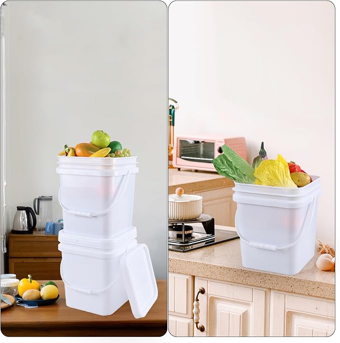 5 Gallon Square Plastic Food Bucket with Handles, 4 Pack Storage Container Pails with Lid, White