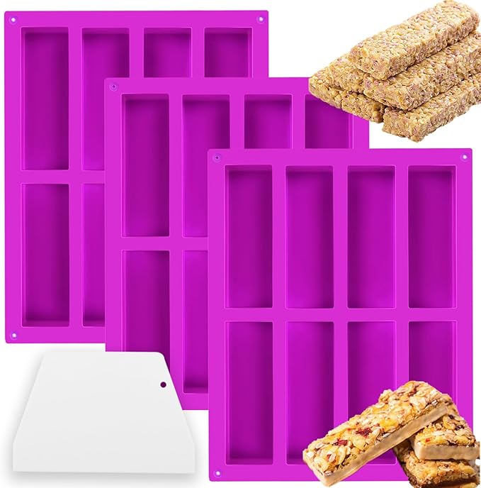 3 Pack 8-Cavity Silicone Granola Bar Molds, Rectangle Protein Bar Mold Silicone Baking Molds for Baking Chocolate Bar, Cereal Bar, Cheesecake, Brownies, Energy Bars, Candy Bar
