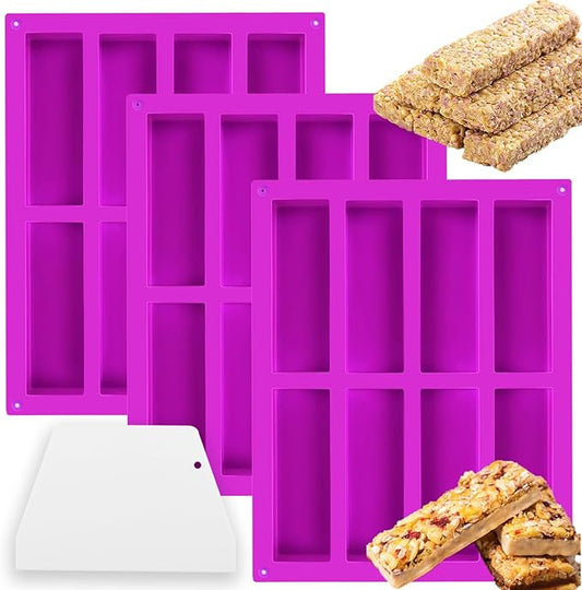 3 Pack 8-Cavity Silicone Granola Bar Molds, Rectangle Protein Bar Mold Silicone Baking Molds for Baking Chocolate Bar, Cereal Bar, Cheesecake, Brownies, Energy Bars, Candy Bar