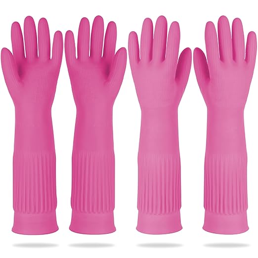 Mamison 2 Pairs Reusable Waterproof Household Dishwashing Cleaning Rubber Gloves, Non-Slip Kitchen Glove (Pink, XXL (Pack of 2))