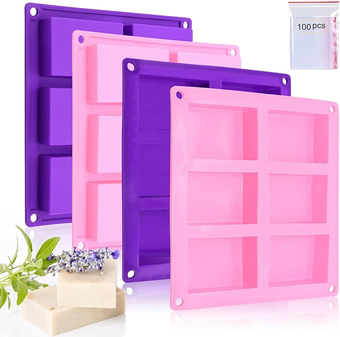 Bangp 4 Pack Silicone Soap Molds,Rectangle Soap Mold,6 Cavities Silicone Molds for Craft Soap Making,Cake Chocolate Mold,with 100pcs 3.5x5 inches Bags