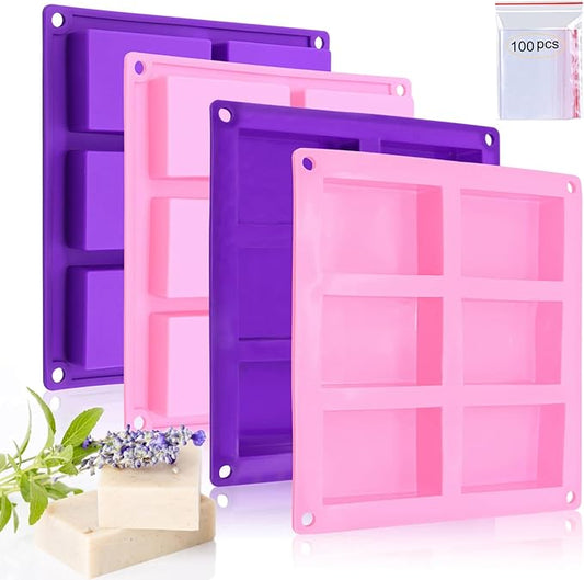 Bangp 4 Pack Silicone Soap Molds,Rectangle Soap Mold,6 Cavities Silicone Molds for Craft Soap Making,Cake Chocolate Mold,with 100pcs 3.5x5 inches Bags