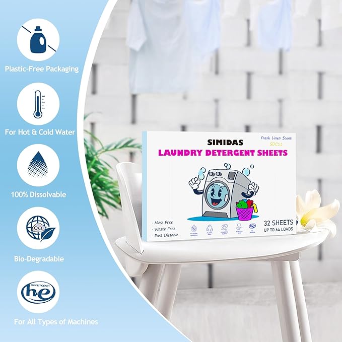 Heavy Duty Laundry Detergent Sheets, Fresh Linen Scent | 32ct Up to 64 Loads,Ultra-Concentrated New Formula | Eco-Friendly | Recyclable Packaging | Stain Fighting-Hypoallergenic Laundry Sheets
