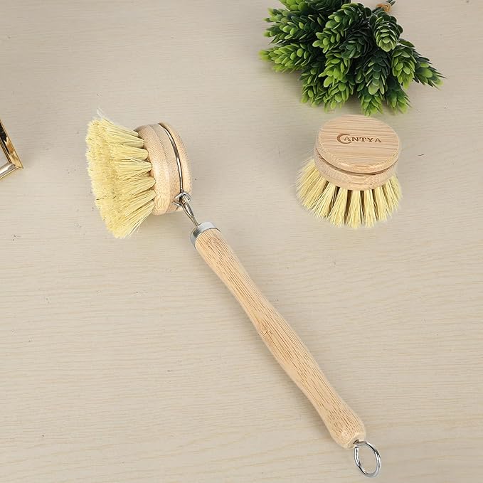 Bamboo Dish Brush with Handle - 4 Replacement Heads, Eco Soft Bristles Vegetable Brush Scrubber for Food, Compostable & Sustainable, Bamboo Dish Scrubber for Cleaning Kitchen Utensils