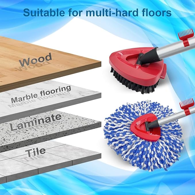 Spin Mop Head and Brush Replacement Compatible with O Cedar RinseClean 2-Tank System, 4 Mop Replace Heads, 1 Handle, 1 Base and 1 Scrub Brush Combo Set
