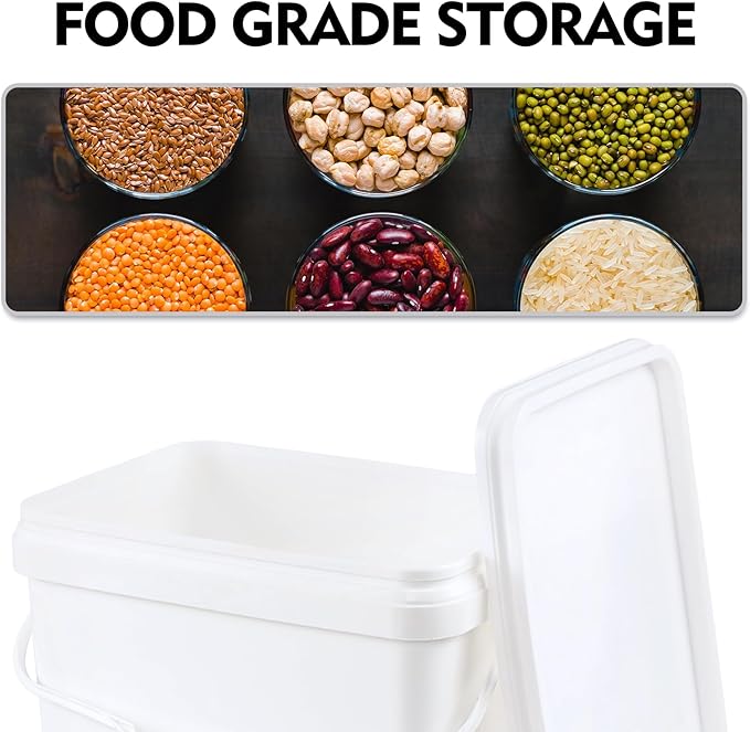 4-Pack 5 Gallon Plastic Rectangular Bucket Pail with Snap Lid, Square Food Bucket Pail Container with Handle, White