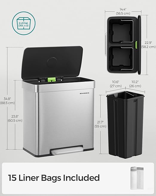 SONGMICS Kitchen Trash Can, 16 Gallon (2 x 8 Gallon) Dual Compartment Garbage Can, 60L Pedal Recycling Bin, Stays Open and Soft Close, Stainless Steel, 15 Bags Included, Metallic Silver ULTB202E01
