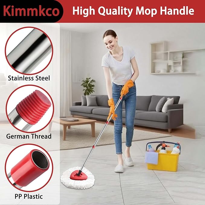 Spin Mop Head, Base, Mop Handle Replacement for O Cedar EasyWring 1 Tank System Microfiber Spin Mops, 2 Microfiber Mop Refills, 1 Triangle Head Cover and 30-58in Handle Set Combo