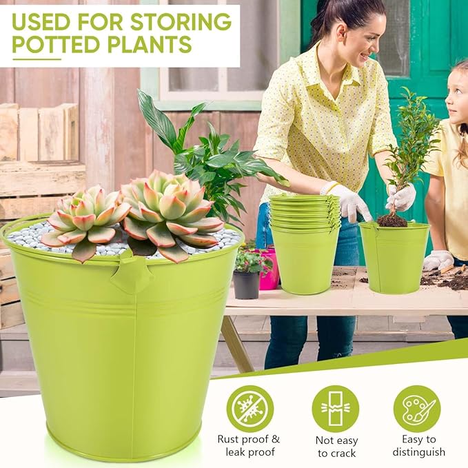 OBTANIM 7 Pack Green Metal Buckets with Handle Galvanized Ice Pails for Plants, Succulents, Party Favors Organizing, Rustic Home Decor or Classrooms Pencil Storage (7.1 x 5.2 inch)