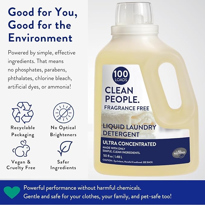 The Clean People Liquid Laundry Detergent - Recyclable Packaging, Stain Fighting - Ultra Concentrated, Laundry Soap - Fragrance Free, 50 fl oz (2 Pack)