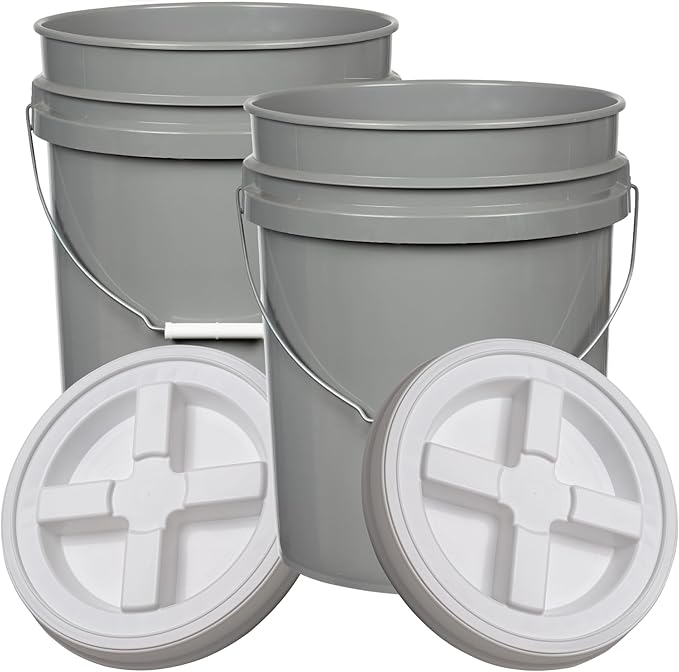 House Naturals 5 Gallon Food Grade BPA Free Made in USA Pails Gray Bucket with Screw On Air Tight Lid (2, Gray with White lids)