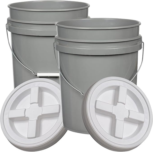 House Naturals 5 Gallon Food Grade BPA Free Made in USA Pails Gray Bucket with Screw On Air Tight Lid (2, Gray with White lids)