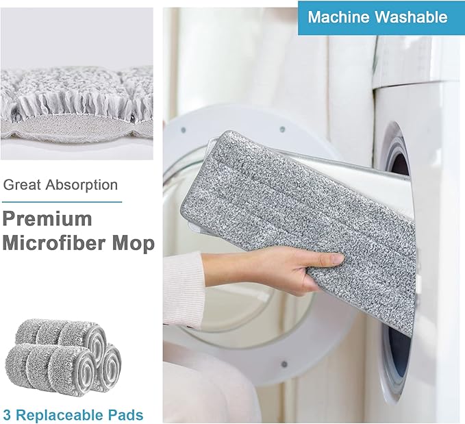 Mop and Bucket with Wringer Set, Hands Free Flat Floor Mop and Bucket, 3 Washable Microfiber Pads Included, Wet and Dry Use, Home Floor Cleaning System for All Floor Types and Windows