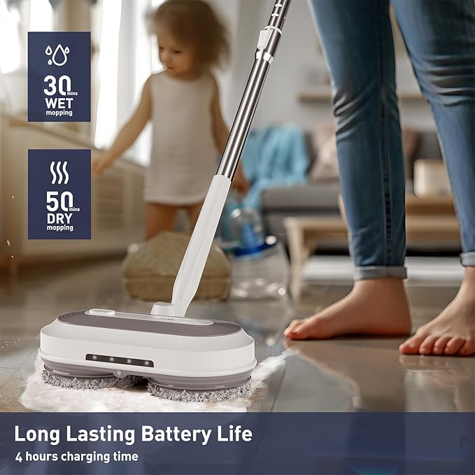 Cordless Electric Spin Mop, Electric Floor Cleaner with Water Sprayer & LED Headlight, 50mins Working Time, 290ml Water Tank, Adjustable Tube, Self-Propelled Multi-Surfaces Floor Mop for Home Cleaning
