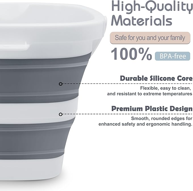 Small Collapsible Bucket, 1.4Gal/5L BPA-Free - Foldable Water Pail for Car Washing, Camping, Beach - Portable Lightweight Storage for Outdoor, RV, Travel (Grey)