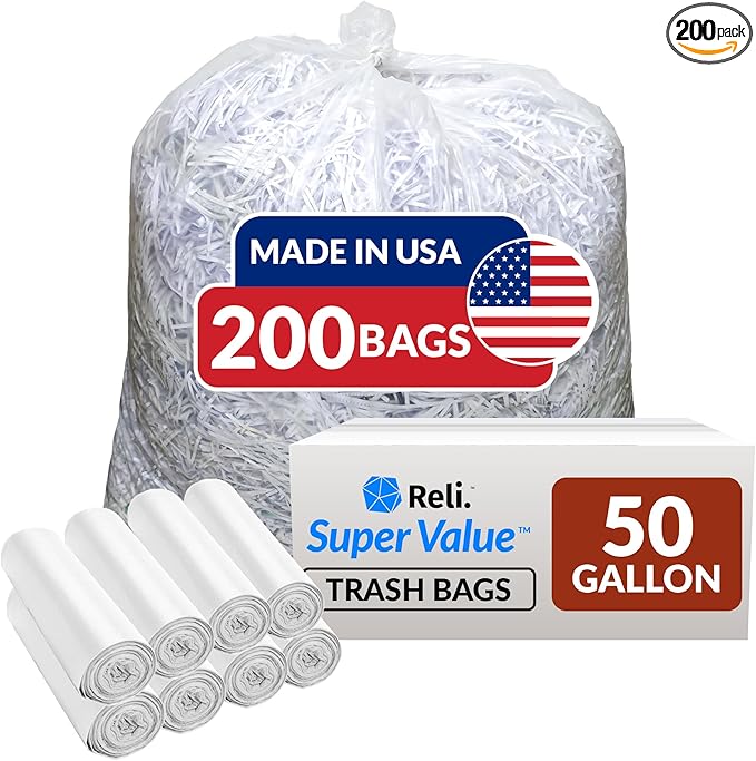 Reli. Premium 50 Gallon Trash Bags | 200 Count | Made in USA | Heavy Duty | Bulk | SuperValue | Clear Multi-Use Garbage Bags