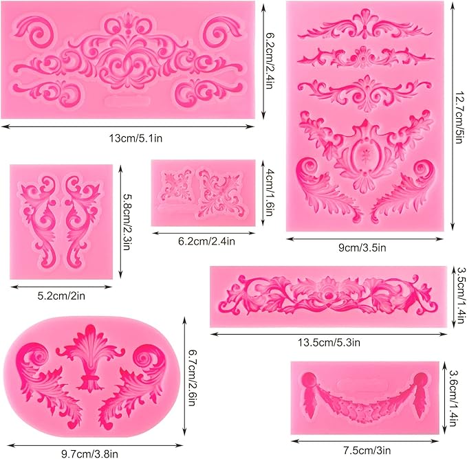 Baroque Style Silicone Molds, Curlicues Scroll Lace Fondant Molds, Vintage Relief Flower Mould Filigree 3D Clay Mold for Gummy Sugar Cookie Pastry Chocolate Mold for Clay Cupcake Topper Decor(7Pcs)