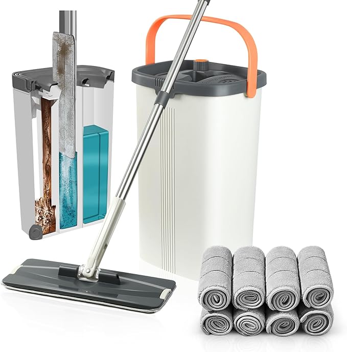 Jelymark Flat Mop and Bucket with Wringer Set, Separates Dirty and Clean Water, 3-Chamber Mop Wet and Dry Use, Not-Hands Squeeze Mops for Floor Cleaning, 8 Reusable Microfiber Mop Pads Included