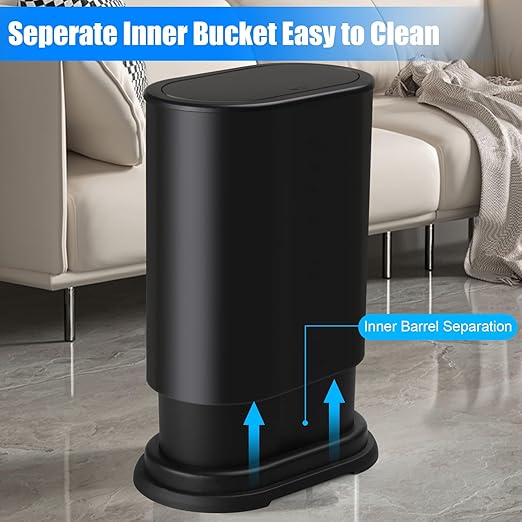 Anzoymx Stainless Steel Bathroom Trash Cans 1.8 Gallons Small Garbage Can with Pop up Lid, Metal Narrow Wastebasket, Slim Waterproof Litter Trash Bins Set for Bedroom, Toilet, Office (Black)
