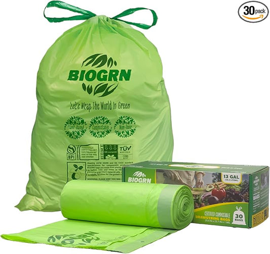 10-13 Gallon Compostable Trash Bags Drawstring 30 Bags Heavy Duty Extra Thick 1 Mil 49.21 Liter Biodegradable Trash Bags Compost Bags Green for Kitchen ASTM D6400 US BPI and OK Compost Home Certified