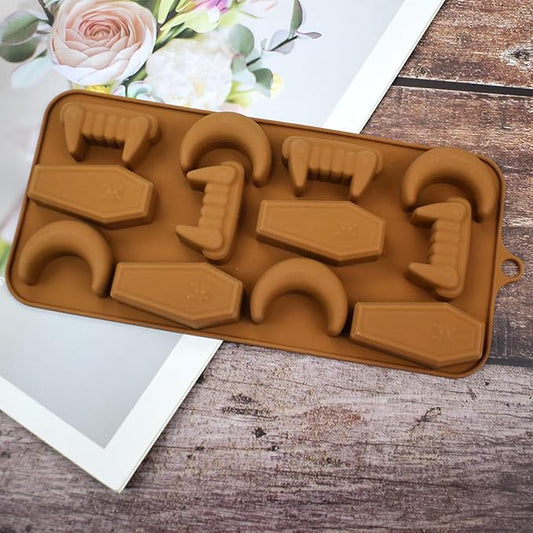 mostsom Halloween Chocolate Candy Silicone Mold Vampire Teeth RIP Gravestone Moon Shape Gummy Fondant Baking Mold for DIY Cupcake Topper Decorating (D_ 8.92x4.04x0.56 inch)
