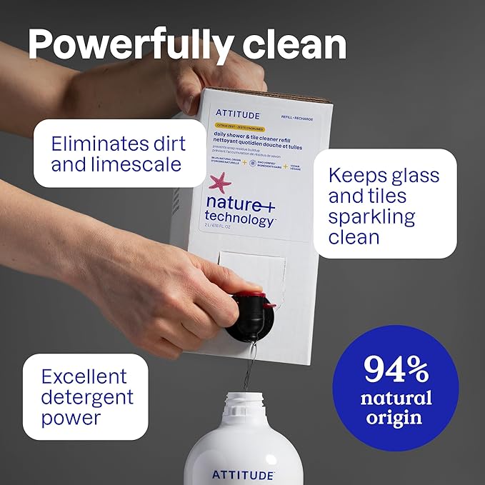 ATTITUDE Shower & Tile Cleaner, EWG Verified, Plant-Based & Vegan Bathroom Spray, Removes Soap Scum & Grime, Citrus Zest Scent, 27.1 Fl Oz