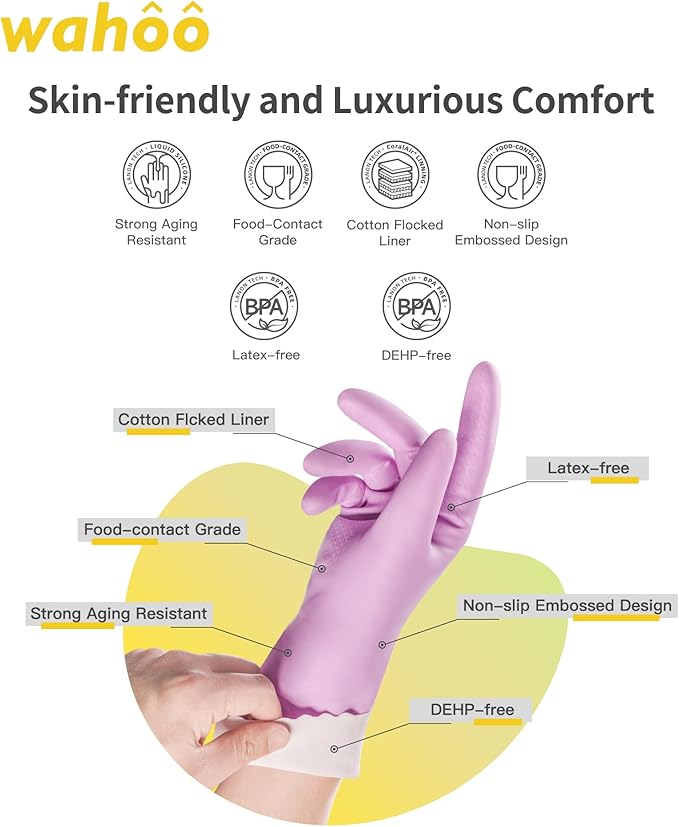 wahoo 3 Pairs Skin-Friendly Cleaning Gloves, Reusable Dish Washing Gloves with Flocked Cotton Liner, Dishwashing, Kitchen, Mauve Mist, Small