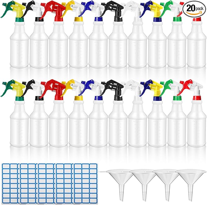 Eccliy 20 Pack 16oz Empty Spray Bottles, Leakproof Cleaning Bottles with Measurement and Adjustable Nozzle for Housekeeping, Commercial Use(Cylinder,10 Colors Spray Head)
