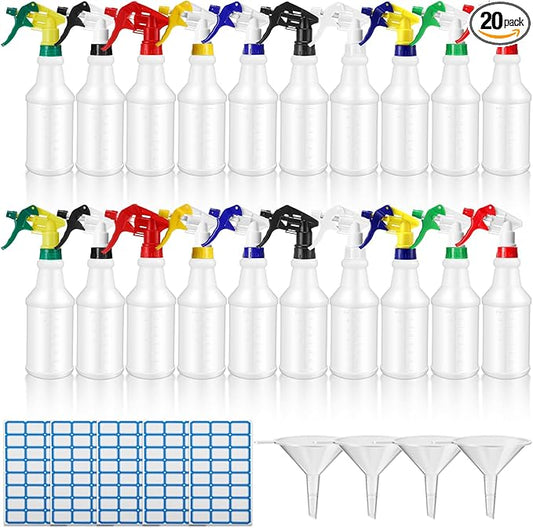 Eccliy 20 Pack 16oz Empty Spray Bottles, Leakproof Cleaning Bottles with Measurement and Adjustable Nozzle for Housekeeping, Commercial Use(Cylinder,10 Colors Spray Head)