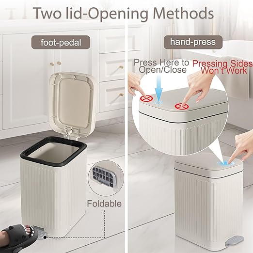 rejomiik Small Bathroom Trash Can with Lid 1.9 Gallon Step Trash Can Slim Garbage Can with Soft-Close Waste Bin for Bathroom, Bedroom, Office, Dorm, RV, Off-White
