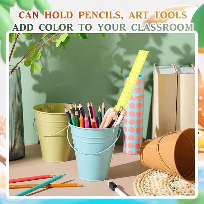Sadnyy 6 Pack Colored Small Metal Buckets with Handle, 4.5 x 5.1 Inch Mini Galvanized Tin Bucket for Back to School Classrooms Crafts Pencil Holder Boho Wedding Birthday Party Favor Decoration