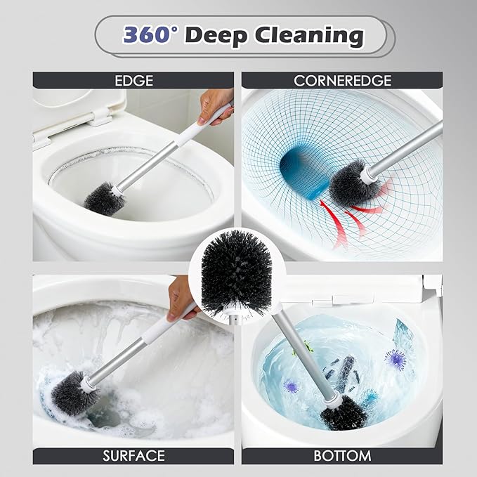 Toilet Brush and Holder Set, 1 Toilet Bowl Brush and 1 Scrub Brush, with Detachable Extra Long Handle,Durable Nylon Bristles,Toilet Scrubber Brush for Bathroom RV Cleaning