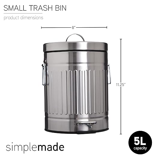 SIMPLEMADE Round Step Trash Can - 5 Liter / 1.3 Gallon - Stainless Steel Bathroom Wastebasket with Lid