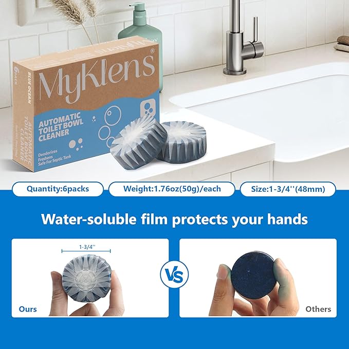 Toilet Bowl Cleaner Tablets, Automatic Toilet Tank Cleaner for Deodorizing & Descaling, Long-Lasting with Sustained Release Technology for Bathroom Cleaners, Blue, 6 Packs