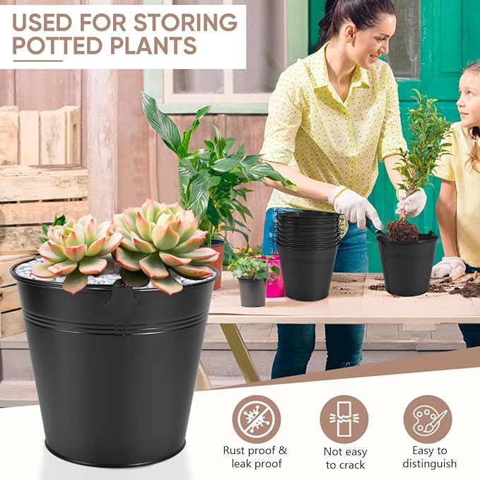 OBTANIM 7 Pack Black Metal Buckets with Handle Galvanized Ice Pails for Plants, Succulents, Party Favors Organizing, Rustic Home Decor or Classrooms Pencil Storage (6 x 4.4 inch)