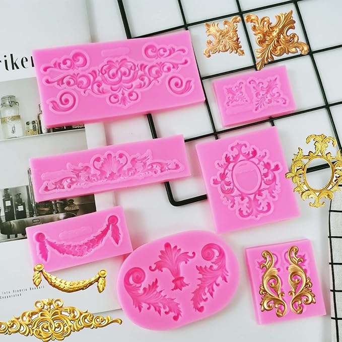 7Pcs Baroque Style Curlicues Scroll Lace Silicone Fondant Molds, Relief Flower Mould Filigree Mold 3D Cake Sculpted for Candy Gummy Decoration Cupcake Topper Jewelry Polymer Clay Crafting Projects