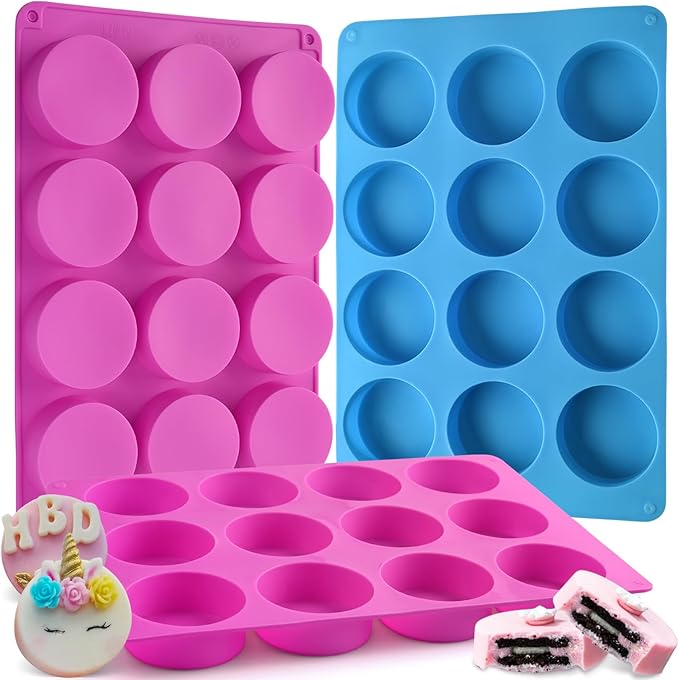 Sakolla 3 Pcs Round Chocolate Cookie Molds, 12-Cavity Cylinder Silicone Molds for Chocolate Covered Oreos, Cake, Candy, Pudding, Mini Soap (2 Rose Red+1 Blue)