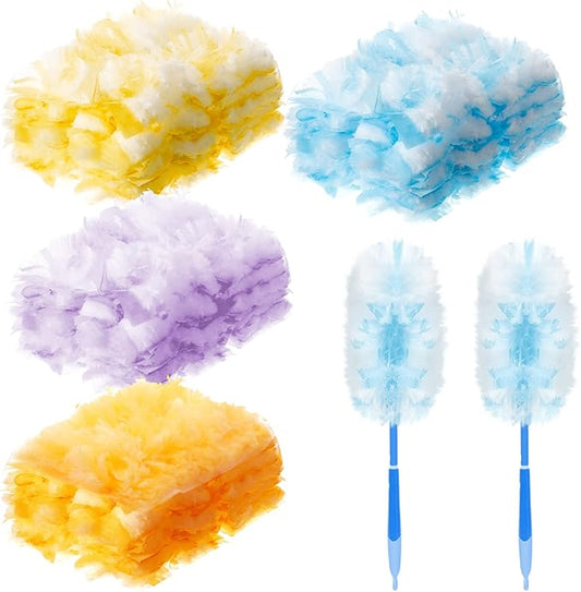 Vesici 100 Pcs Duster Refills Compatible with Swiffer Dusters Bulk Disposable Replacement Thickened with 1 Handle Heavy Duty for Cleaning, Office (Yellow,Blue,Orange,Purple)