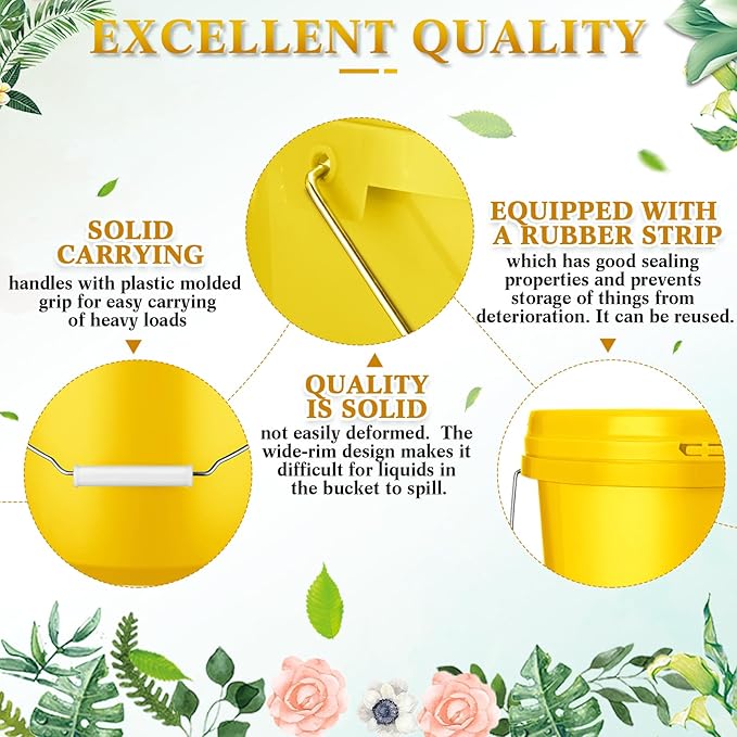 6 Pack 2 Gallon Plastic Bucket with Lid Heavy Duty Pail with Metal Handle Reusable Small Multipurpose Paint Buckets Container for Food Storage(Yellow)