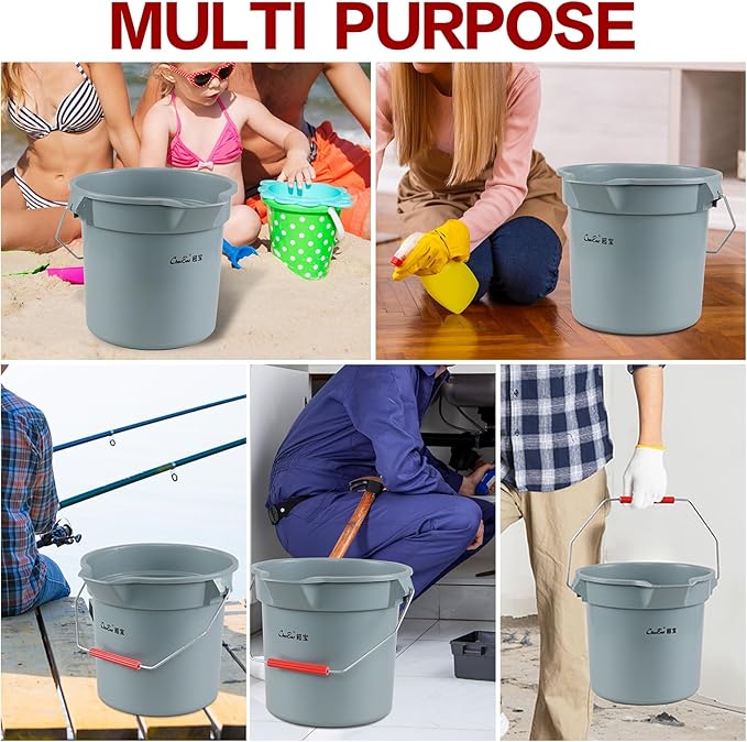 4-Pack 3.5 Gallon Industrial Round Utility Pail, 14 Quart Plastic Car Wash Bucket with Handle, Gray