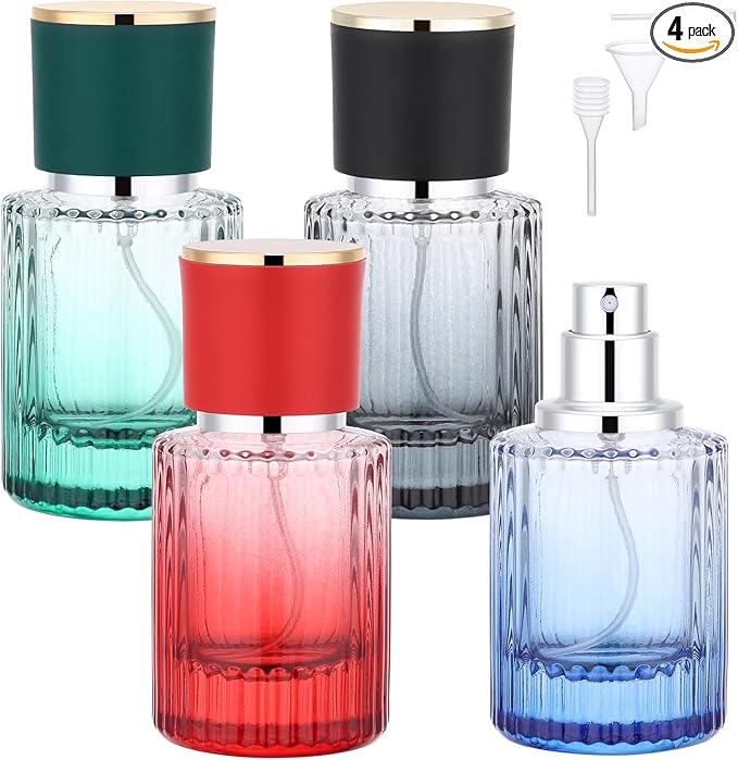 Segbeauty 1oz Perfume Refill Bottle Travel Atomizer, 4pcs Refillable Glass Cologne Travel Bottle, 30ml Perfume Spray Bottles Empty, Small Cologne Atomizer with Refill Tool Kit Blue Black Red Green